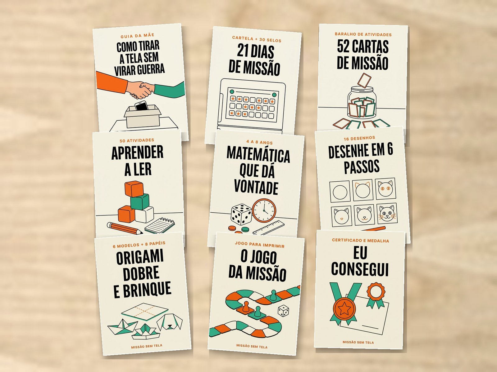 As nove capas do Missão Sem Tela impressas e espalhadas sobre uma mesa de madeira